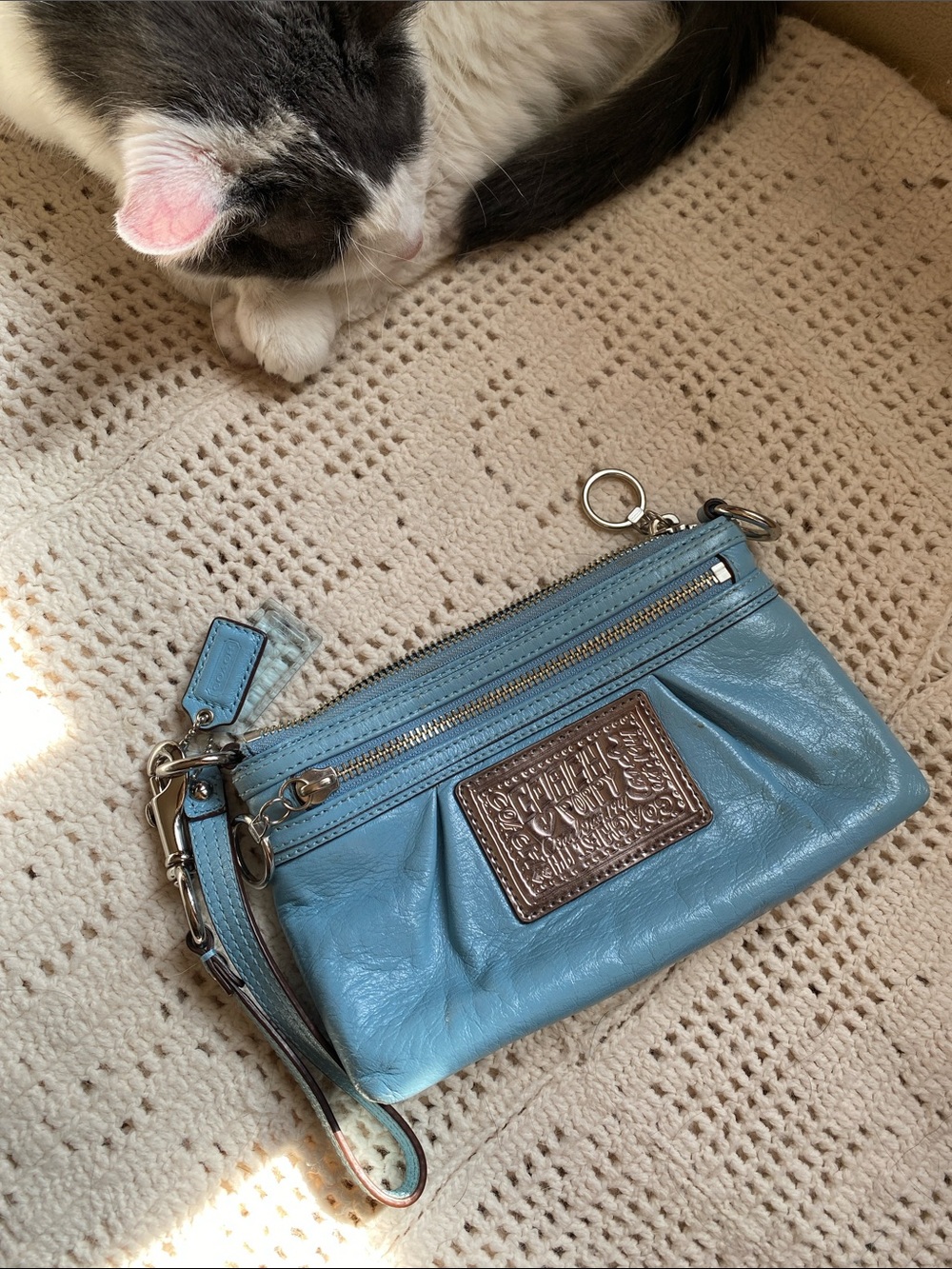Coach Light Blue Leather Wristlet Clutch with Bronze Logo Plaque